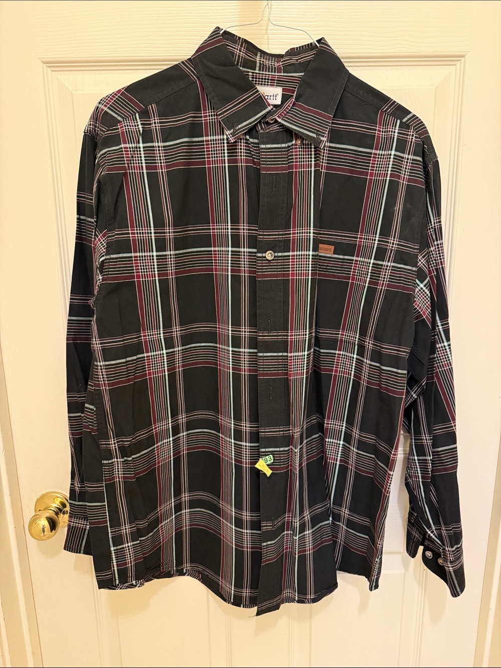 Carhartt Men's Black Plaid Button-Down Shirt with Red and White Accents